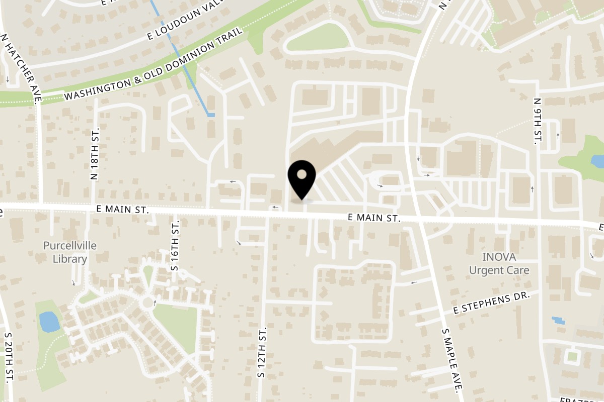 Map showing the location of 900 Degrees Brick Oven Pizza on 609 E Main St A in Purcellville